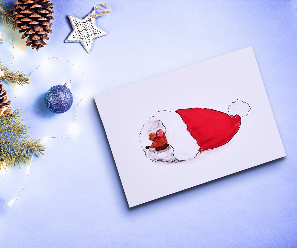 Postkarte Maus in Weihnachtsmütze