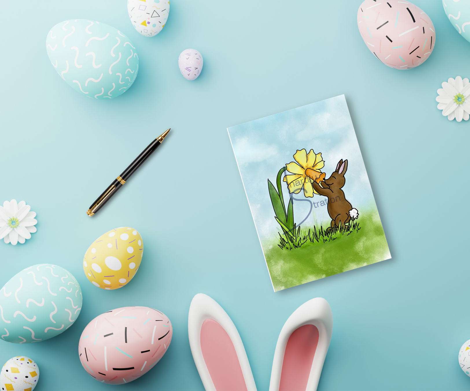 Klappkarte "Häschen riecht an Narzisse"